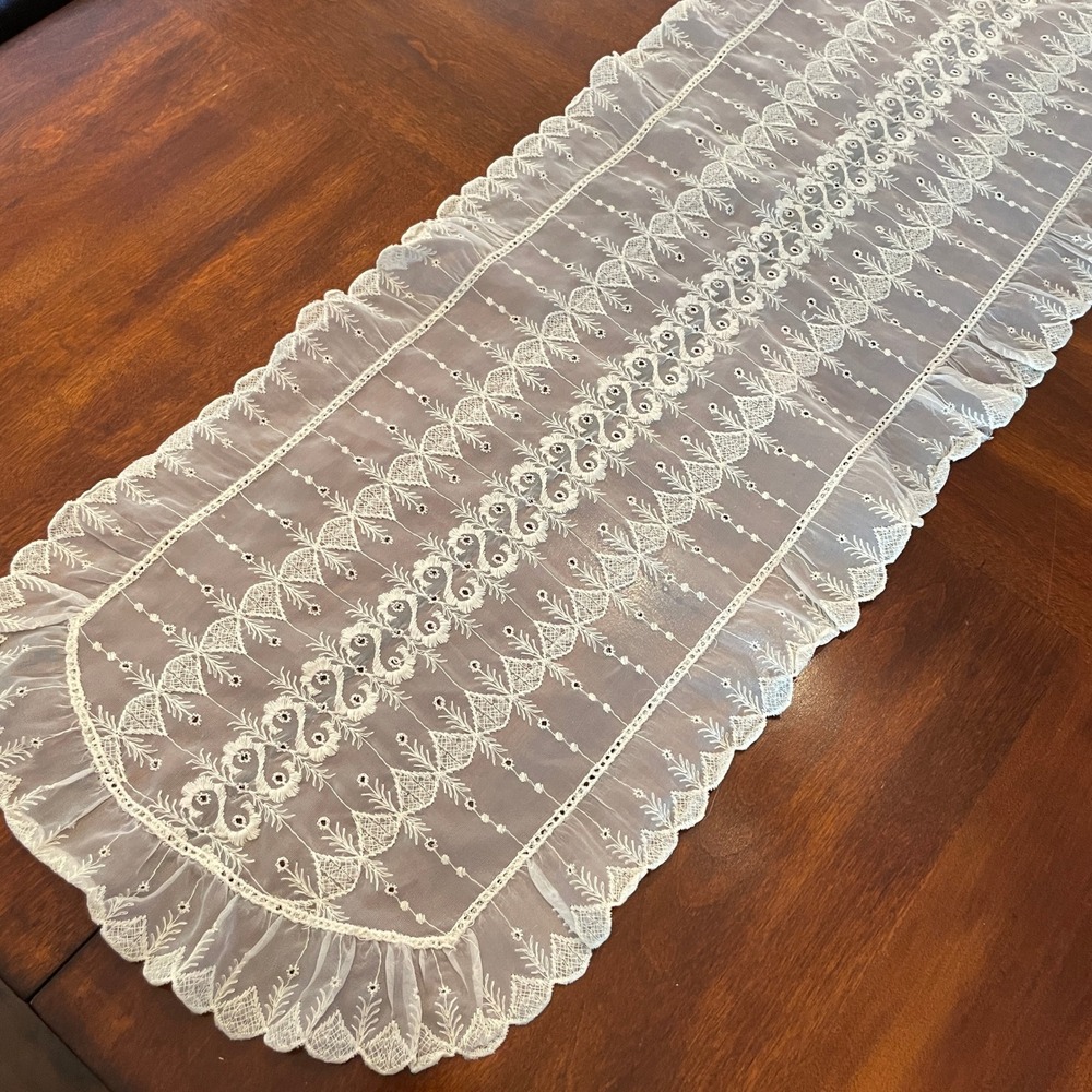 Vintage Embroidered Lace Dresser Scarf Table Runner 50x13 Cream Ruffle Scallop